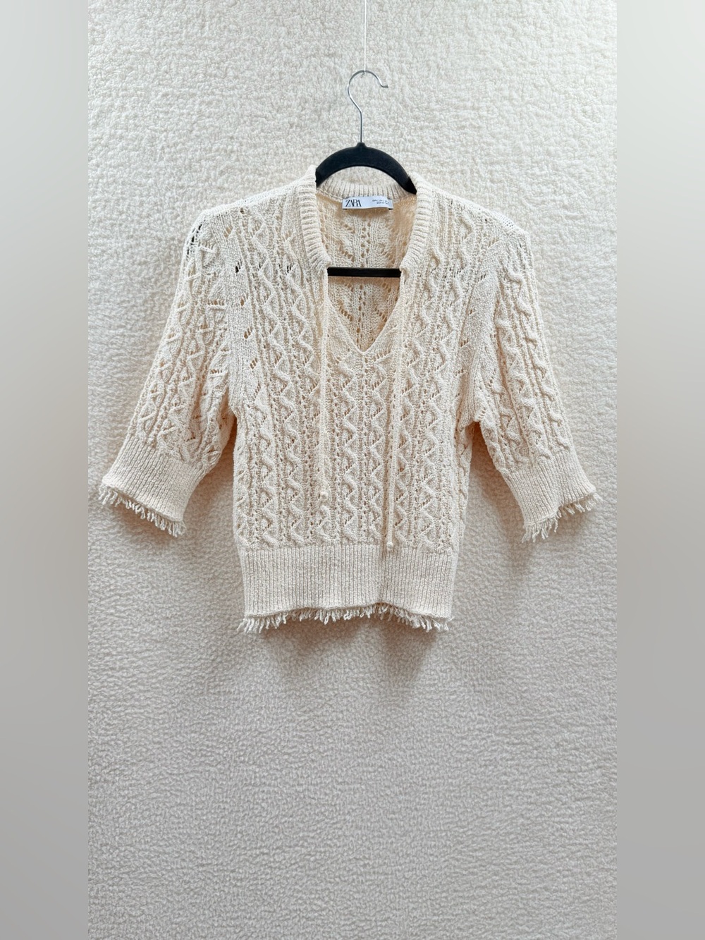 Zara Off-White Cream Cable knit V-Neck Short Sleeve Sweater front tie Size L
